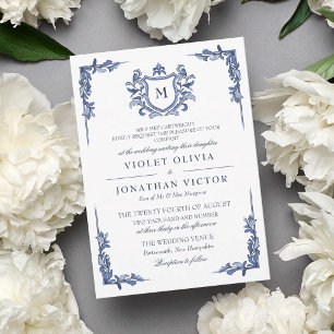 Convites Casamento com Monograma de Crista Azul Vintage