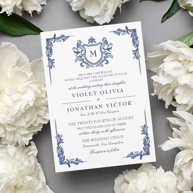 Convites Casamento com Monograma de Crista Azul Vintage (Criador carregado)