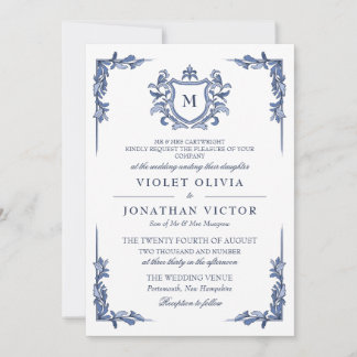 Convites Casamento com Monograma de Crista Azul Vintage