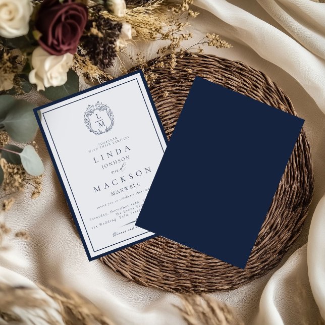 Convites Casamento com monograma de crista botânica em azul (Criador carregado)