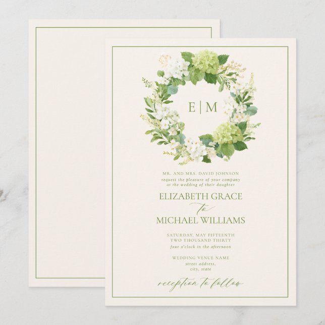 Convites Casamento com Monograma de Crista de Folhas Verdes (Frente/Verso)
