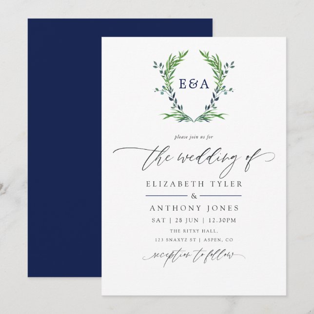 Convites Casamento com Monograma de Crista de Louro Azul Ma (Frente/Verso)
