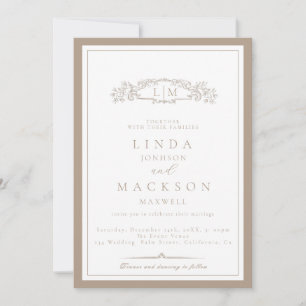 Convites Casamento com Monograma de Crista em Taupe Elegant