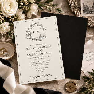 Convites Casamento com Monograma de Crista Folhada em Marfi