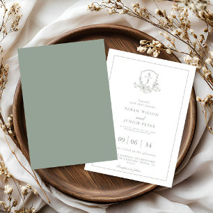 Convites Casamento com Monograma de Crista Folhosa em Verde