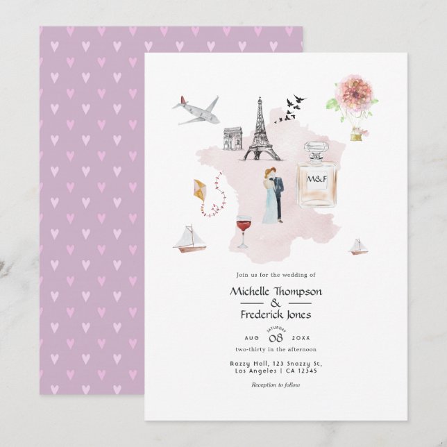 Convites Casamento com Monograma de Destino em Paris com Aq (Frente/Verso)