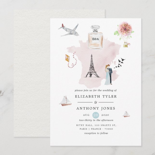 Convites Casamento com Monograma de Destino em Paris com Aq (Frente/Verso)
