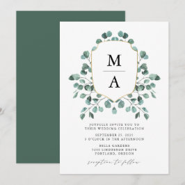 Convites Casamento com Monograma de Eucalipto Moderno