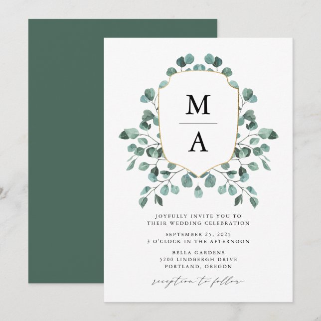 Convites Casamento com Monograma de Eucalipto Moderno (Frente/Verso)