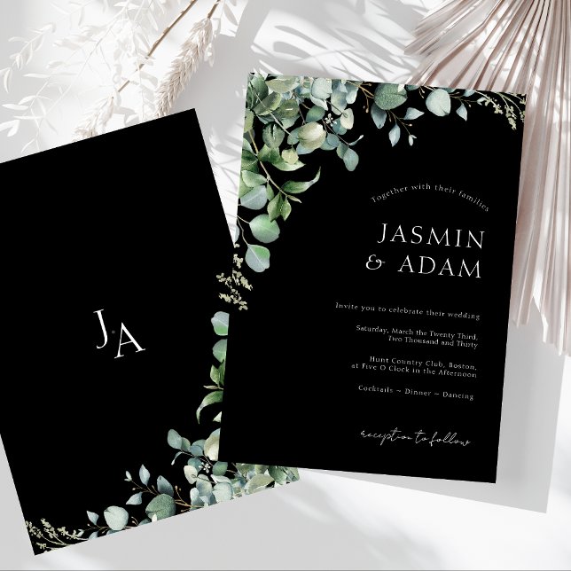 Convites Casamento com Monograma de Eucalipto Preto Simples (Simple Black Greenery Eucalyptus Monogram Wedding Invitation)