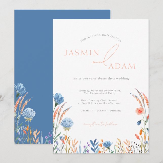 Convites Casamento com Monograma de Flor Silvestre Azul Ele (Frente/Verso)