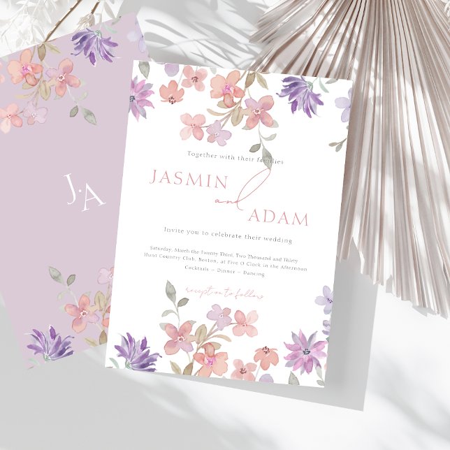 Convites Casamento com Monograma de Flor Silvestre Elegante (Elegant Lavender & Pink Wildflowers Wedding Invitation)
