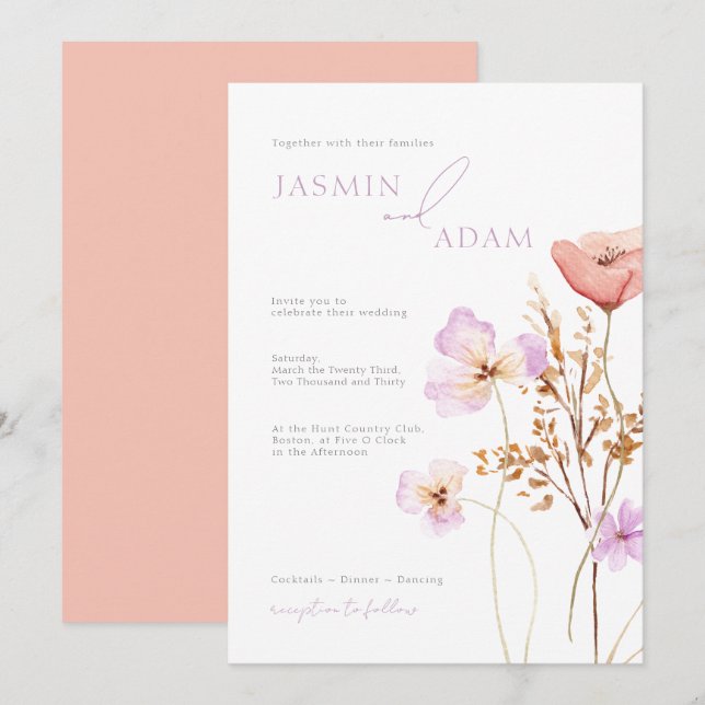 Convites Casamento com Monograma de Flor Silvestre Lilás e  (Frente/Verso)