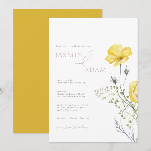 Convites Casamento com Monograma de Flor Silvestre Mostarda (Frente/Verso)