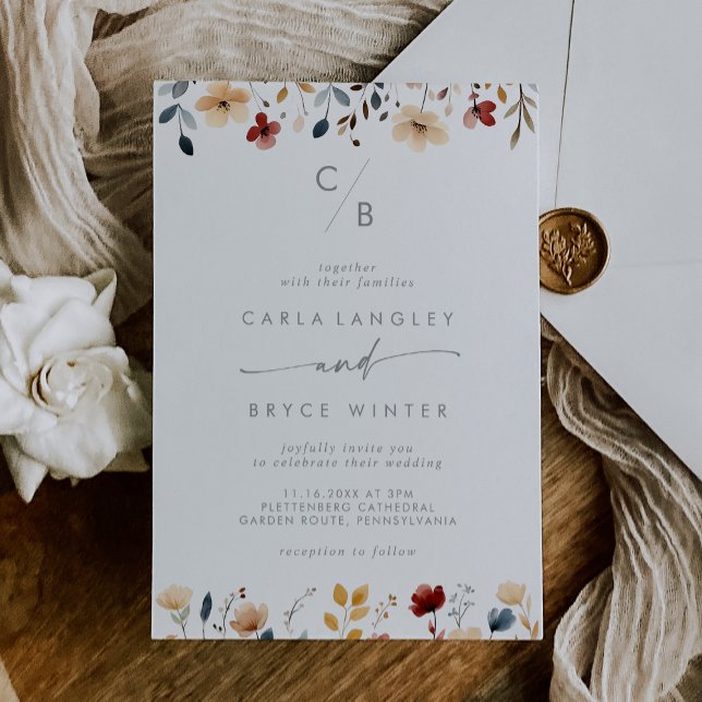 Convites Casamento com Monograma de Flor Silvestre Multicol (Criador carregado)