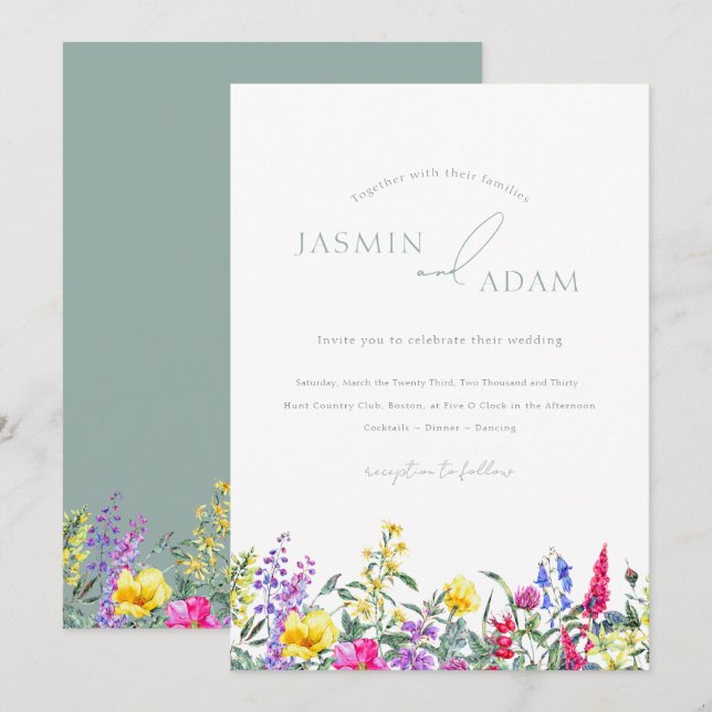 Convites Casamento com Monograma de Flor Silvestre Verde Ol (Frente/Verso)