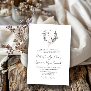 Convites Casamento com Monograma de Floral Preto e Branco F
