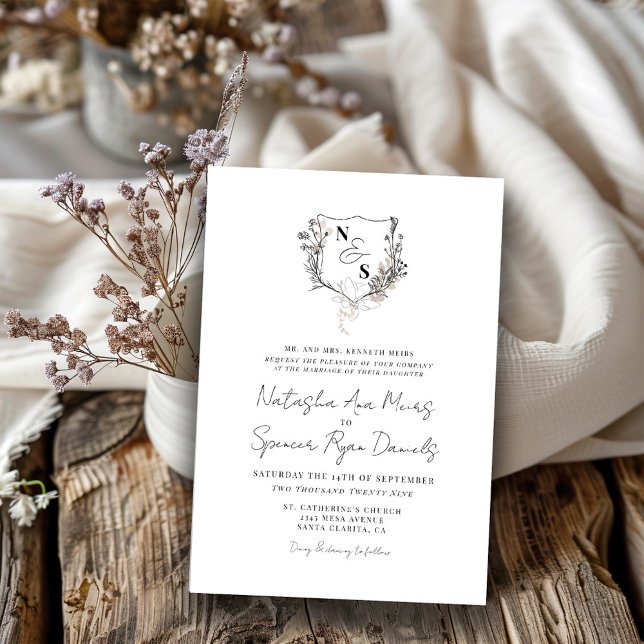 Convites Casamento com Monograma de Floral Preto e Branco F (Criador carregado)