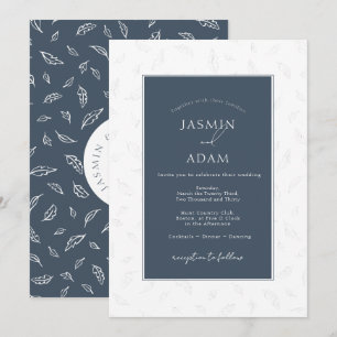 Convites Casamento com Monograma de Folha Azul-Elegante