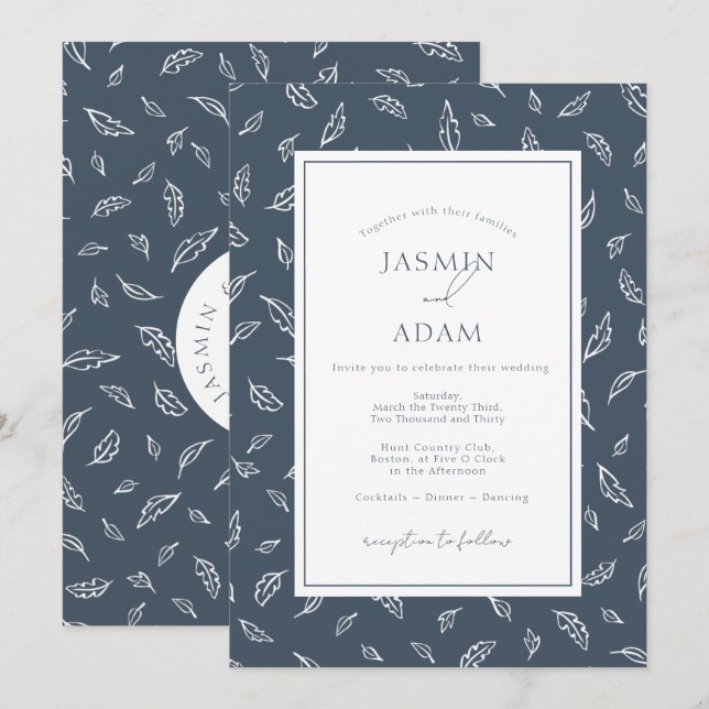 Convites Casamento com Monograma de Folha Azul Loja Boho (Frente/Verso)