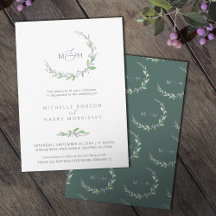 Casamento com monograma de folhagem verde de fruta