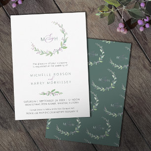 Convites Casamento com monograma de folhagem verde de fruta