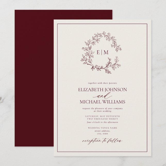 Convites Casamento com Monograma de Folhas em Marfim Borgon (Frente/Verso)
