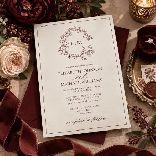 Convites Casamento com Monograma de Folhas em Marfim Borgon