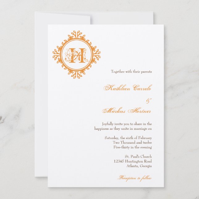 Convites Casamento com monograma de folhas laranja de decai (Frente)