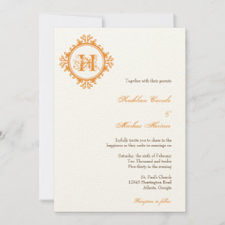 Convites Casamento com monograma de folhas laranja de decai