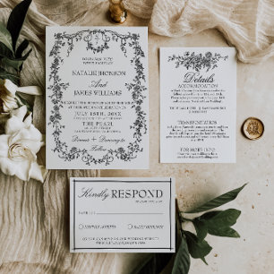 Convites Casamento com Monograma de Jardim Preto e Branco E