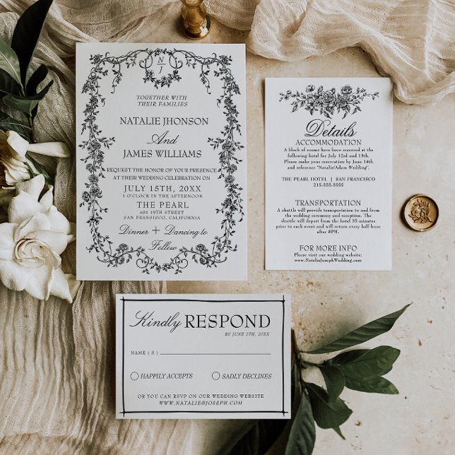 Convites Casamento com Monograma de Jardim Preto e Branco E (Criador carregado)