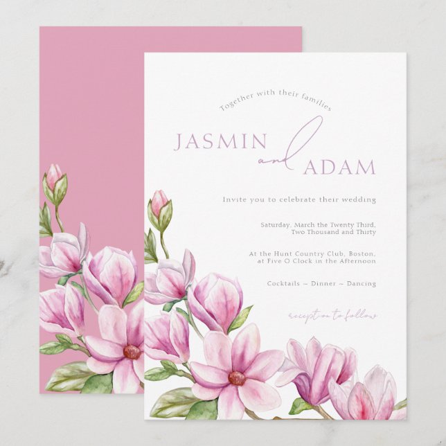 Convites Casamento com Monograma de Magnólia Rosa Elegante (Frente/Verso)