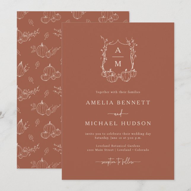 Convites Casamento com Monograma de Outono (Frente/Verso)