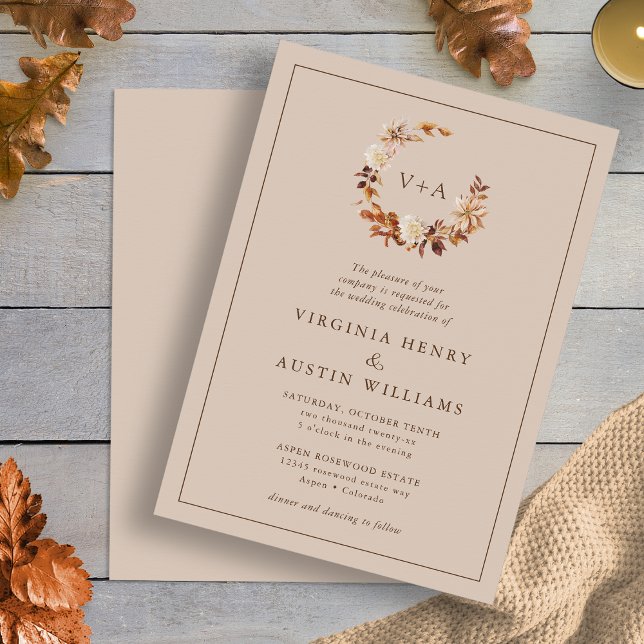 Convites Casamento com Monograma de Outono (Taupe Fall Floral Wreath Monogrammed Wedding Invitation by Painted Paperie
)
