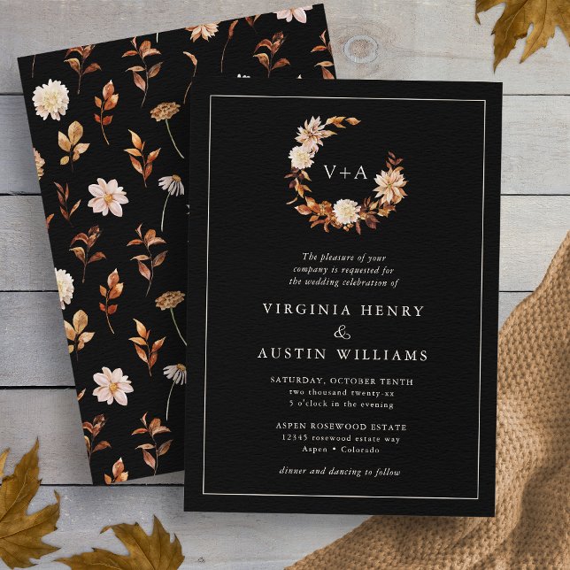 Convites Casamento com Monograma de Outono Preto (Black Fall Monogrammed Wedding Invitation
)