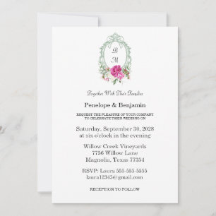 Convites Casamento com Monograma de Peônia Rosa Floral Eleg