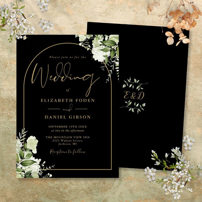 Convites Casamento com Monograma de Verde e Arco Preto e Do (Black And Gold Arch Greenery Monogram Wedding Invitation)