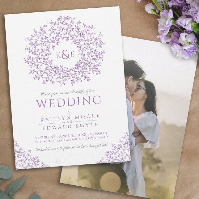 Convites Casamento com monograma desenhado com mão roxa (Criador carregado)