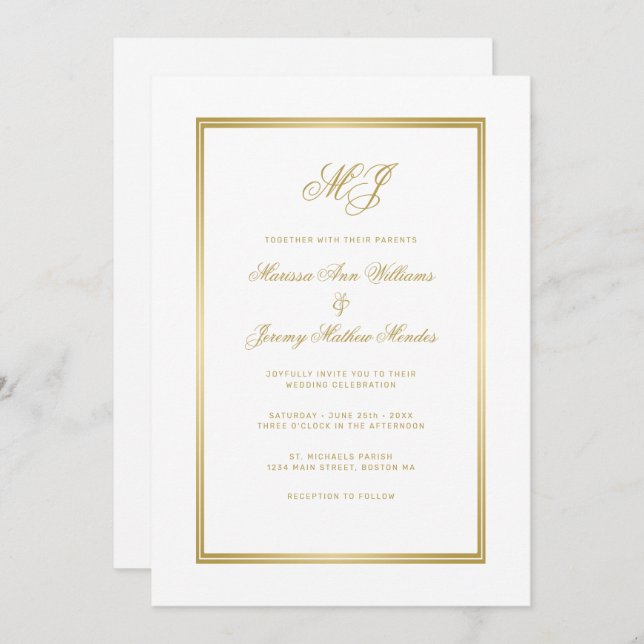 Convites Casamento com Monograma Dourado de Script Branco E (Frente/Verso)