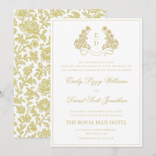 Convites Casamento com Monograma Dourado e Branco Heritage (Frente/Verso)