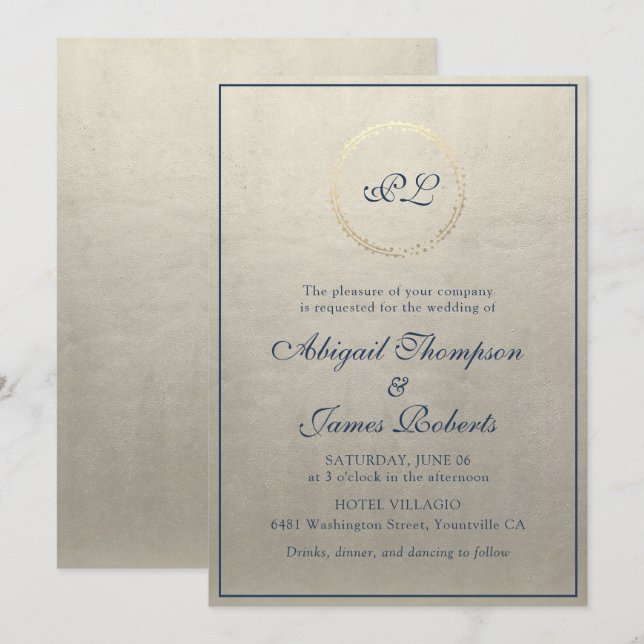 Convites Casamento com Monograma Elegante em Champagne e Az (Frente/Verso)