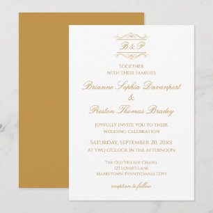 Convites Casamento com Monograma Elegante Simples em Dourad