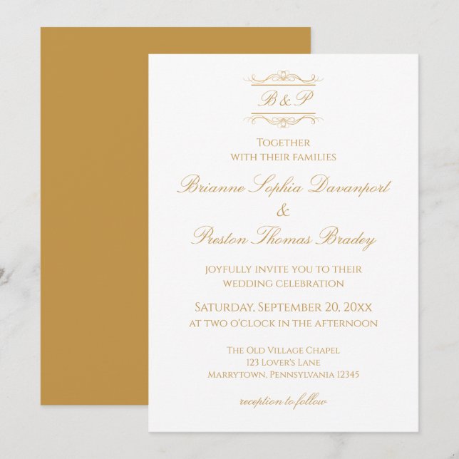 Convites Casamento com Monograma Elegante Simples em Dourad (Frente/Verso)