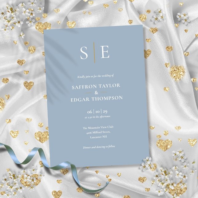 Convites Casamento com Monograma em Azul Poeirento e Dourad (Dusty Blue And Gold Monogram Wedding Invitation)
