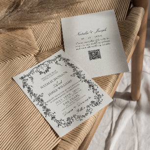 Convites Casamento com Monograma em Preto e Branco com Códi