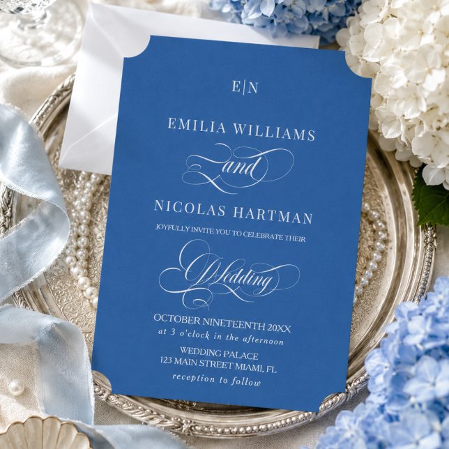 Convites Casamento com Monograma em Script Elegante Azul Re (Criador carregado)