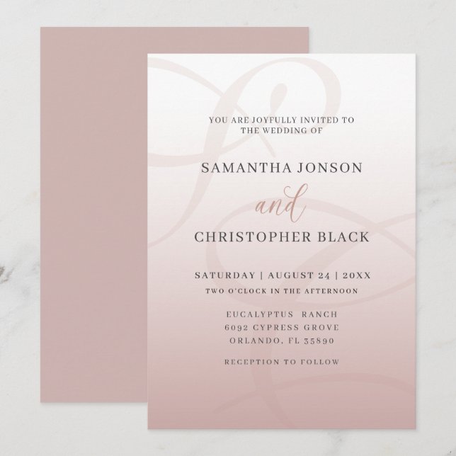 Convites Casamento com Monograma em Script Minimalista Rosa (Frente/Verso)