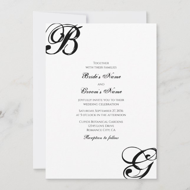 Convites Casamento com Monograma em Script Preto e Branco (Frente)