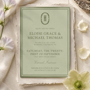 Convites Casamento com Monograma em Verde Sálvia Elegante
